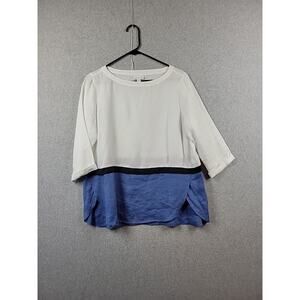J. Jill Love Linen 100% Linen White Blue Colorblock 3/4 Sleeve Top Women's Small